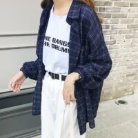Vintage rutig långärmad skjorta Koreansk kawaii