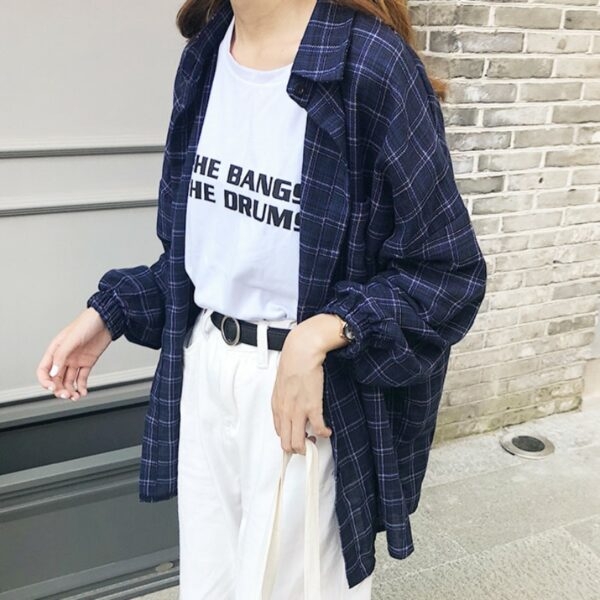 Camisa de manga larga a cuadros vintage kawaii coreano