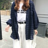Camisa xadrez vintage de manga comprida Kawaii coreano