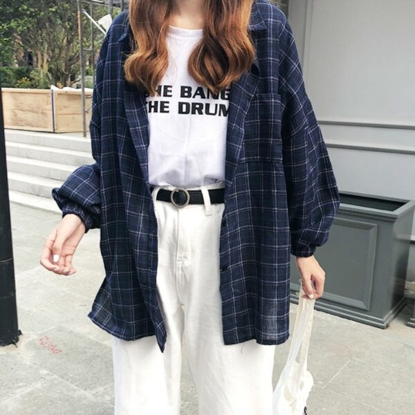 Рубашка в винтажную клетку с длинным рукавом Корейский каваи