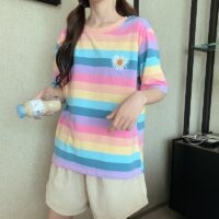 T-shirt à rayures arc-en-ciel pastel Kawaii Harajuku kawaii