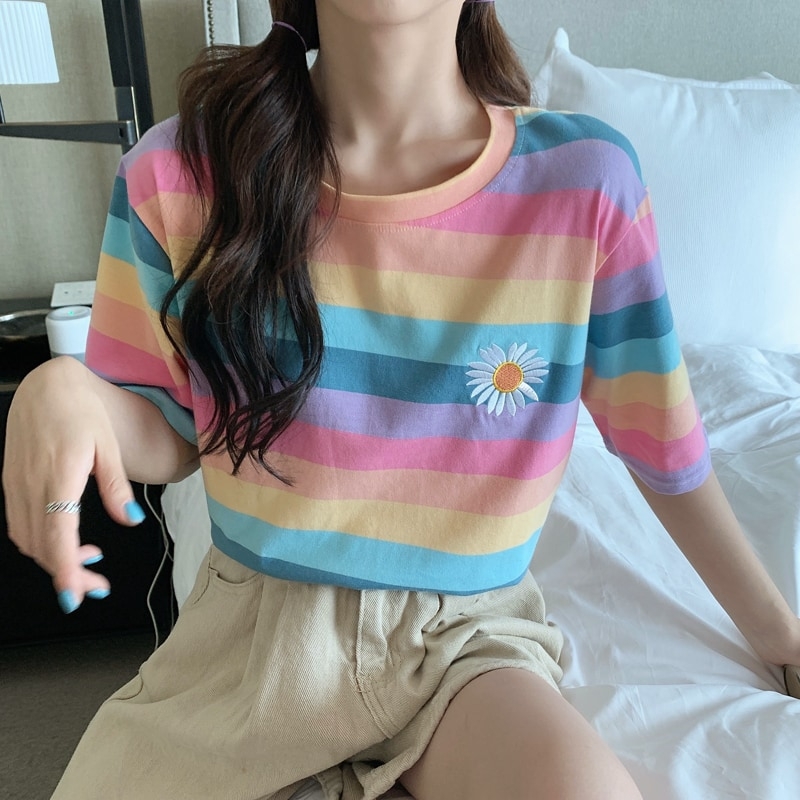 Rainbow T Shirt Women Striped Kawaii Clothes Harajuku Korean Style