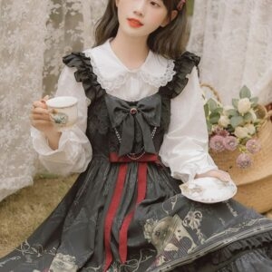 Gotische ruches strikken bloemenprint zwarte lolita-jurken Gotische kawaii