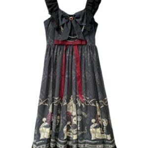 Schwarze Gothic-Lolita-Kleider mit Rüschen und Schleifen und Blumendruck Gothic-Kawaii