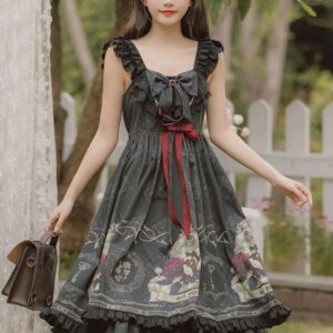 Gotyckie falbany i kokardki z kwiatowym nadrukiem Czarne sukienki Lolita Gotycka kawaii