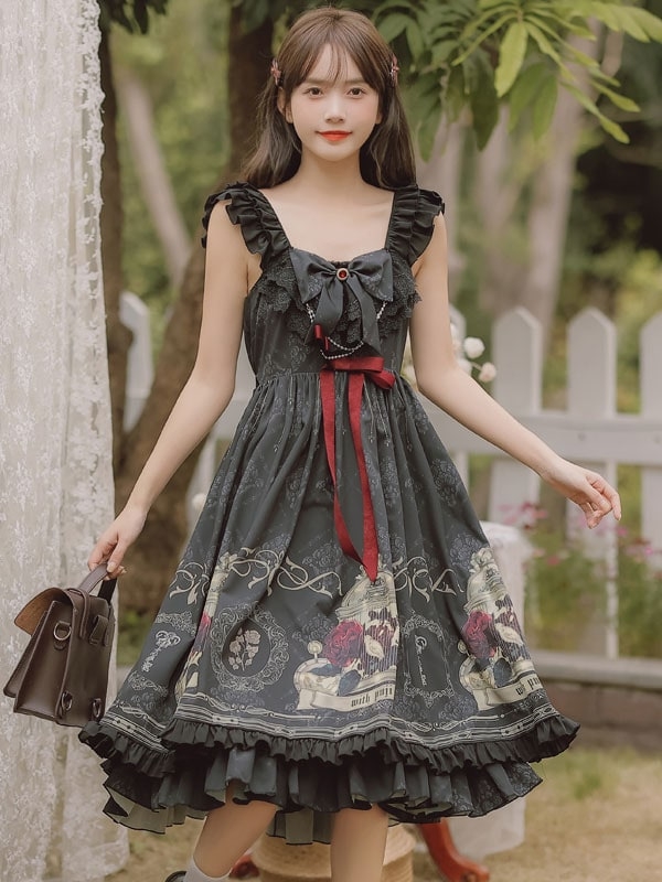 Gothique Volants Arcs Imprimé Floral Robes Lolita Noires