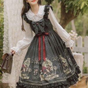 Vestidos de lolita negros con estampado floral y lazos con volantes góticos kawaii gotico