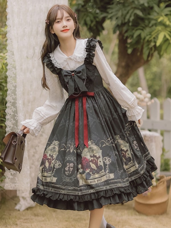 Gothique Volants Arcs Imprimé Floral Robes Lolita Noires