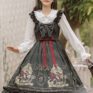 Gothic Ruffles Bows Floral Print Black Lolita Dresses