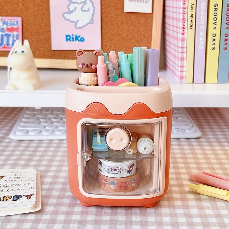 Cute Mini Fridge Pen Holder With Sticker Kawaii Plastic Creative Desk  Organizer For Pens Makeup Brush Home Office Storage Box