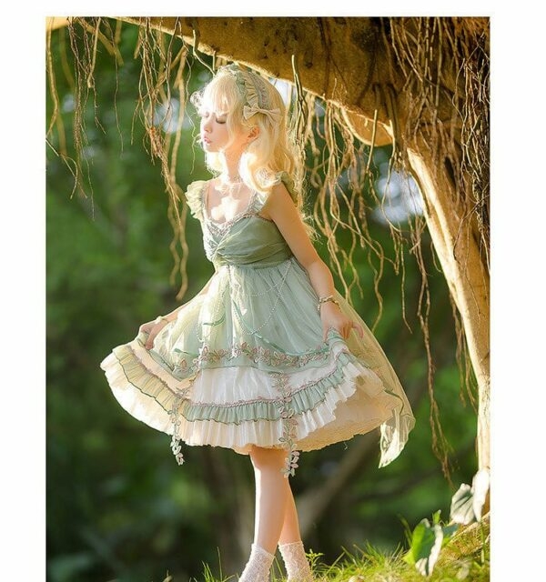 Sweet Lolita Lace Poliéster Sem Mangas Verde Lolita Jumper Saias Fada da floresta kawaii