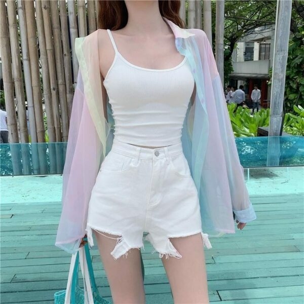 Мягкая прозрачная блузка с длинными рукавами и радужной отделкой для девочек корейский каваи