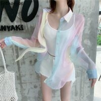 Мягкая прозрачная блузка с длинными рукавами и радужной отделкой для девочек корейский каваи