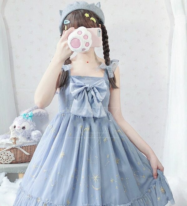 Vestido lolita sin mangas de poliéster azul dulce cosplay kawaii