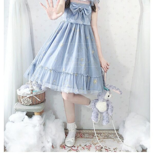Söt blå polyester ärmlös Lolita klänning Cosplay kawaii