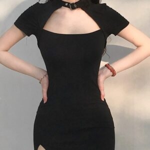 Mini vestido gargantilha punk com divisão lateral kawaii gótico