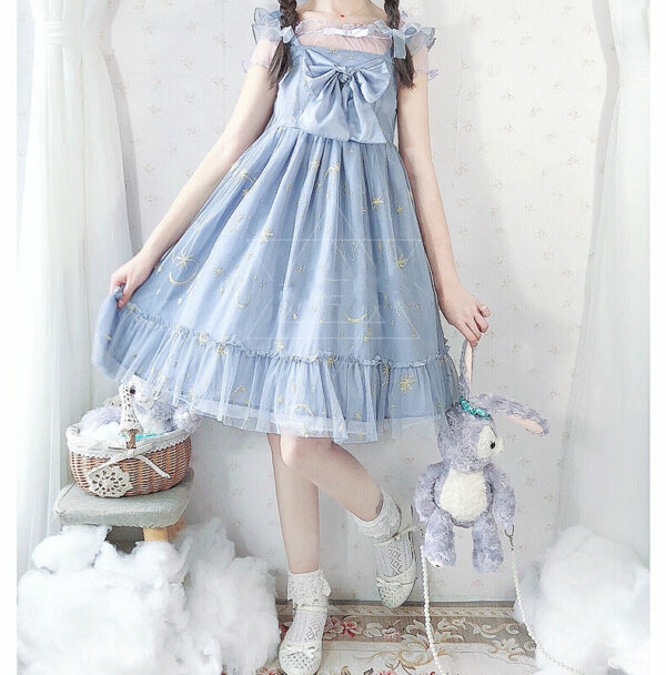 Vestido Lolita sem mangas de poliéster azul doce Cosplay kawaii