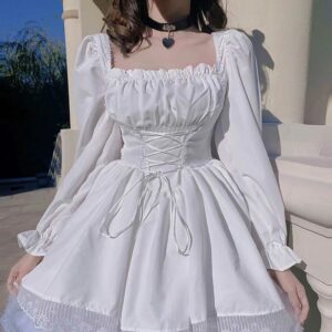 Kawaii Lace Up Gothic Puff Sweet Dress - Kawaii Fashion Shop | Cute ...