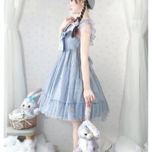 Vestido Lolita sem mangas de poliéster azul doce Cosplay kawaii