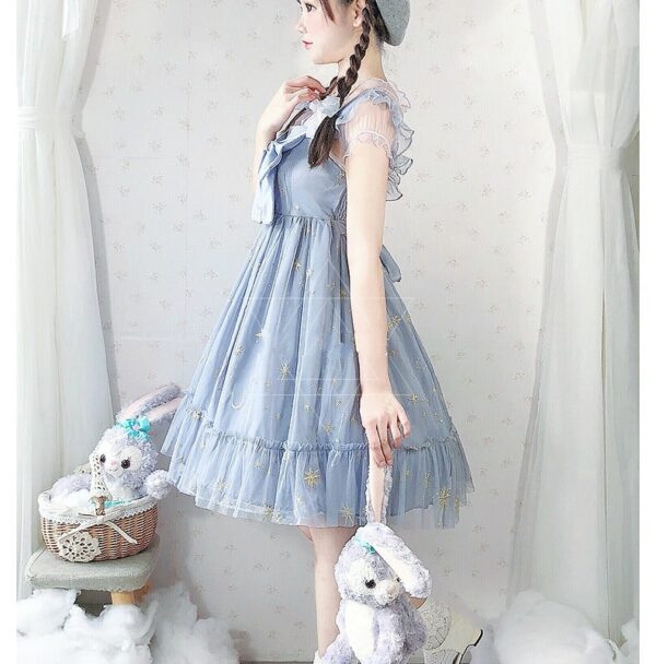 Robe Lolita sans manches en polyester bleu doux Cosplay kawaii