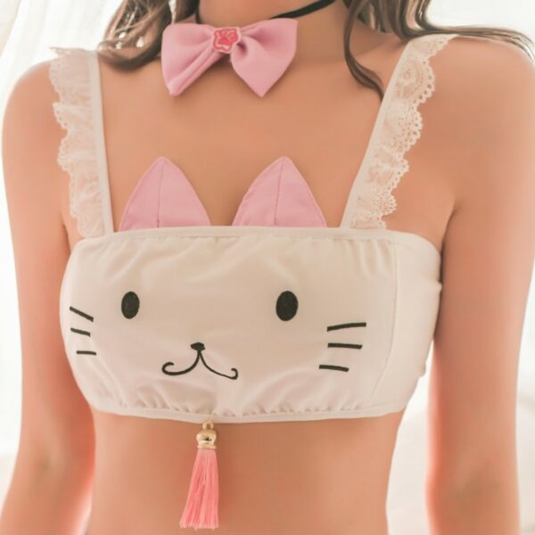 Conjunto de lingerie com saia plissada com orelha de gatinho e laço gato kawaii