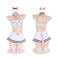 Conjunto de lingerie com saia plissada com orelha de gatinho e laço gato kawaii