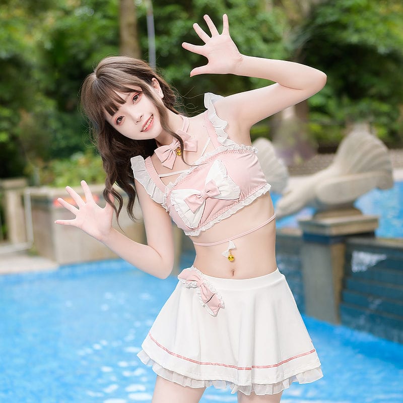 Super Cute Pink Anime Lolita Bra Sweet Lace Comics Bow Flouncing Underwear  Set No Rims Bra Japanese Sexy Bra & Panties Set