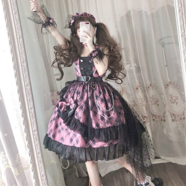 Kawaii rosa kariertes Lolita JSK Kleid 1
