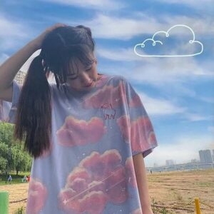 핑크 블루 클라우드 반소매 티셔츠 Ins kawaii