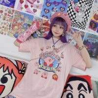 일본식 달콤한 만화 프린트 핑크 루즈 티셔츠 만화 귀엽다