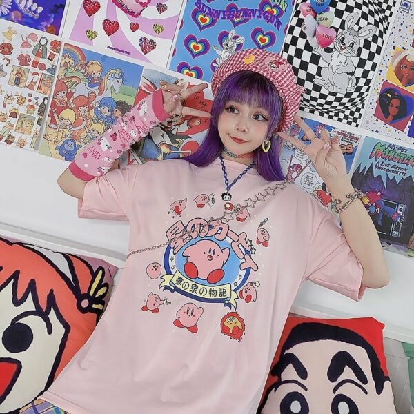 Camisetas soltas rosa com estampa de desenho animado japonês doce Desenho animado kawaii