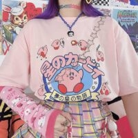 일본식 달콤한 만화 프린트 핑크 루즈 티셔츠 만화 귀엽다