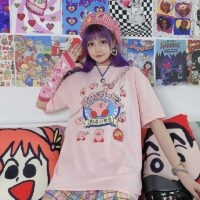 Japońskie słodkie nadruki kreskówkowe, różowe, luźne koszulki Kawaii z kreskówek