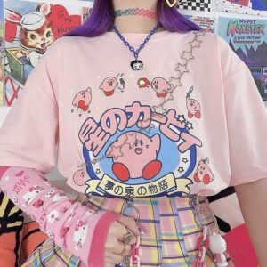 Japoński słodki nadruk kreskówkowy Różowe luźne koszulki Kreskówka kawaii