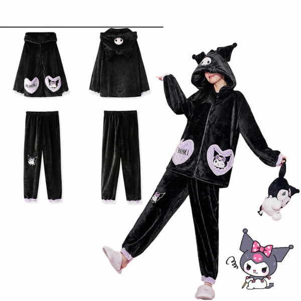 Set pigiama con cappuccio in peluche nero ispirato a Kuromi 2