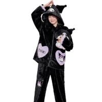Set pigiama con cappuccio in peluche nero ispirato a Kuromi Animazione kawaii