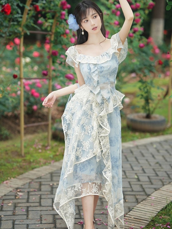 Light Sky Blue Lolita Outfits Lace Floral Print Sleeveless Top Skirt Fairy Dress kawaii