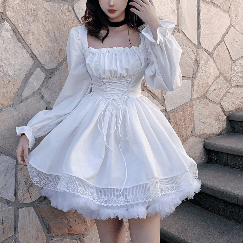 Kawaii Lace Up Gótico Puff Sweet Dress - Loja de Moda Kawaii