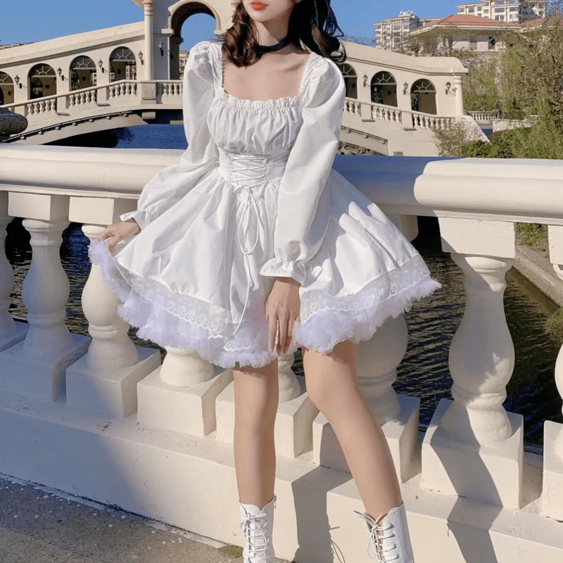 White Bridesmaid Cute College Long Dress Female Kawaii Retro Aesthetic Dress  Elegant Korean Fashion Summer Long Sleeve Clothes
