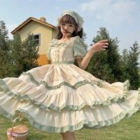 Country Lolita kortärmad grön klänning Country Lolita kawaii