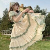 Country Lolita kortärmad grön klänning Country Lolita kawaii