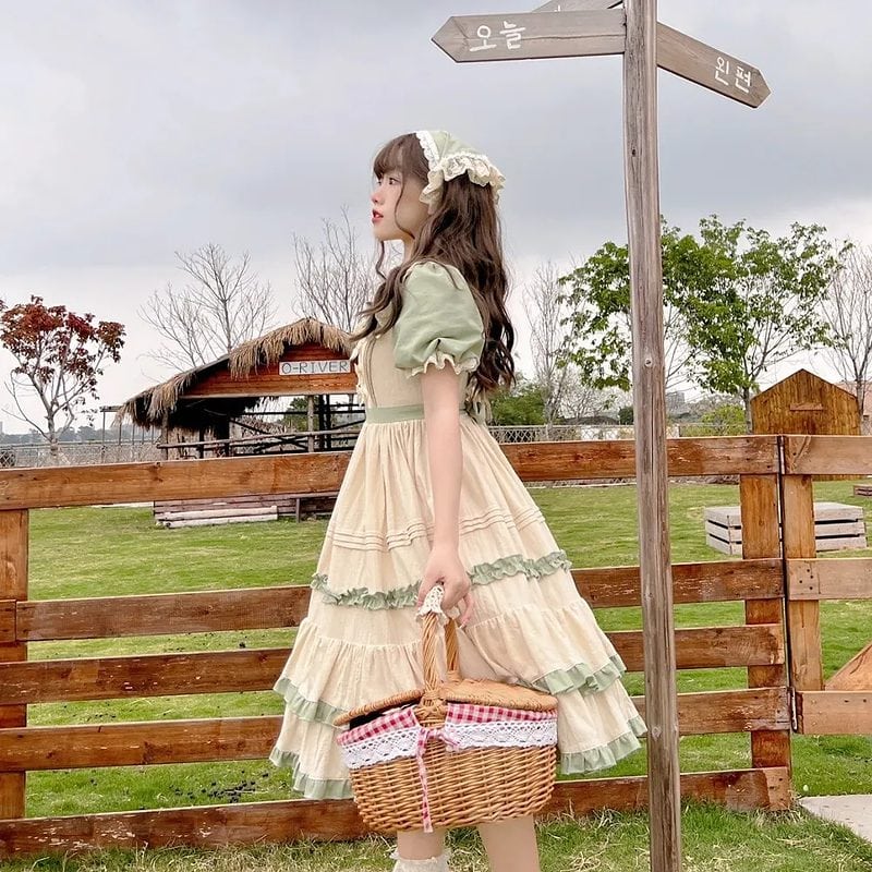 Country Lolita Short Sleeves Green Dress - L