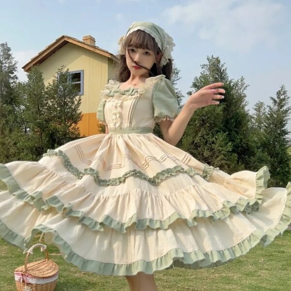Zielona sukienka Country Lolita z krótkim rękawem Kawaii Country Lolita