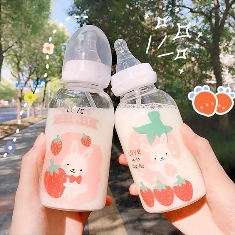 Cute Glass Baby Bottle Silicone Straw Water Drink Bottles For Baby Milk  Feeder