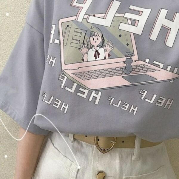 Camiseta Kawaii “HELP” con estampado por ordenador harajuku kawaii