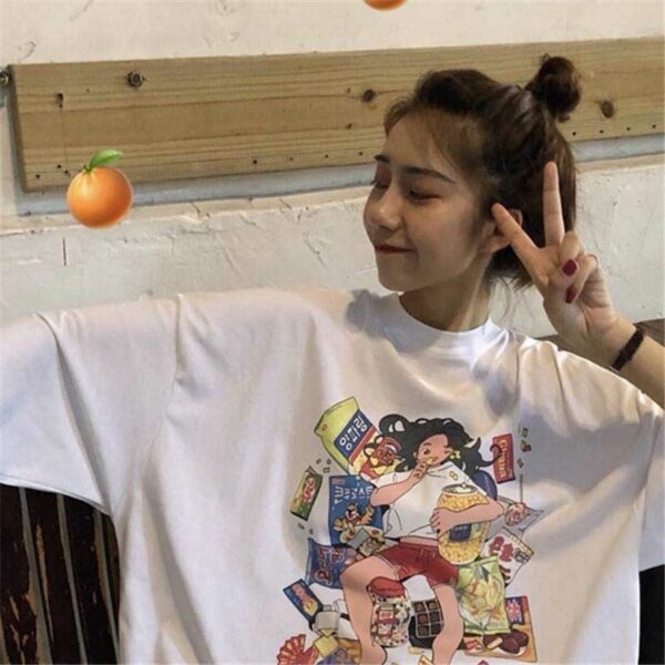카와이 애니메이션 소녀 프린트 티셔츠 하라주쿠 카와이