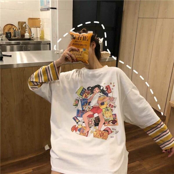 카와이 애니메이션 소녀 프린트 티셔츠 하라주쿠 카와이