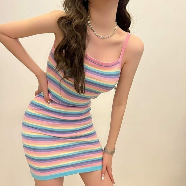 スイートレインボーストライプスリップドレス韓国のかわいい