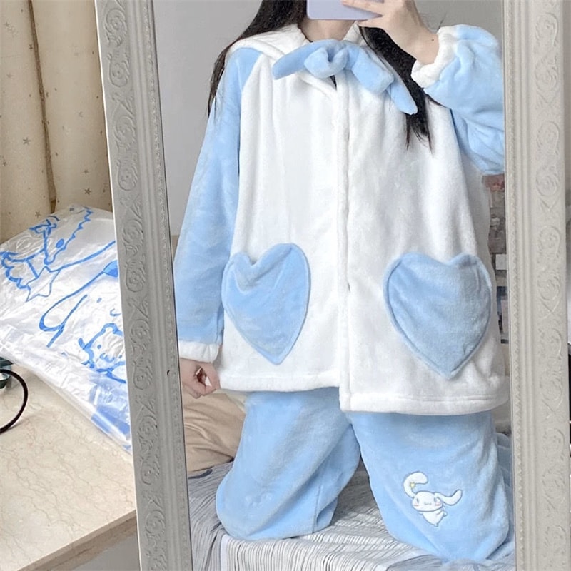 Kawaii Cinnamoroll Inspired Button Front Pajama Set - Kawaii Fashion Shop