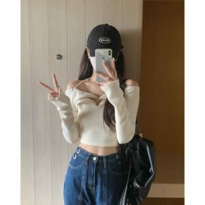 Knitted Off-The-Shoulder Sweater Cropped Tops kawaii